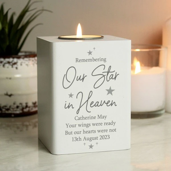 Personalised Our Star In Heaven White Wooden Tea Light Holder 1 Personalised Our Star In Heaven White Wooden Tea Light Holder