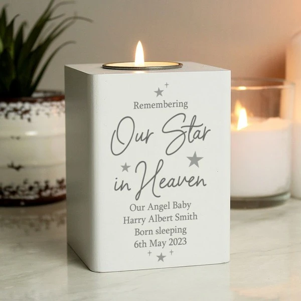 Personalised Our Star In Heaven White Wooden Tea Light Holder 2 Personalised Our Star In Heaven White Wooden Tea Light Holder - Image 2