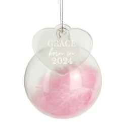 Personalised Born In Pink Feather Glass Bauble With Heart Tag -Xmas Decor Shop p0107g78 2