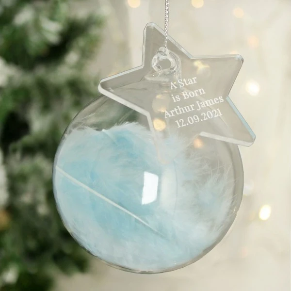 Personalised Free Text Blue Feather Glass Bauble With Star Tag 4 Personalised Free Text Blue Feather Glass Bauble With Star Tag - Image 4