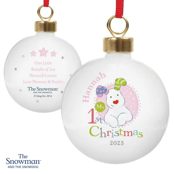 Personalised The Snowman And The Snowdog My 1st Christmas Pink Bauble 4 Personalised The Snowman And The Snowdog My 1st Christmas Pink Bauble - Image 4