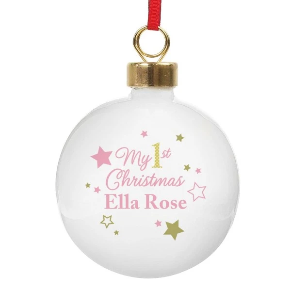 Personalised Gold & Pink Stars My 1st Christmas Bauble 2 Personalised Gold & Pink Stars My 1st Christmas Bauble - Image 2