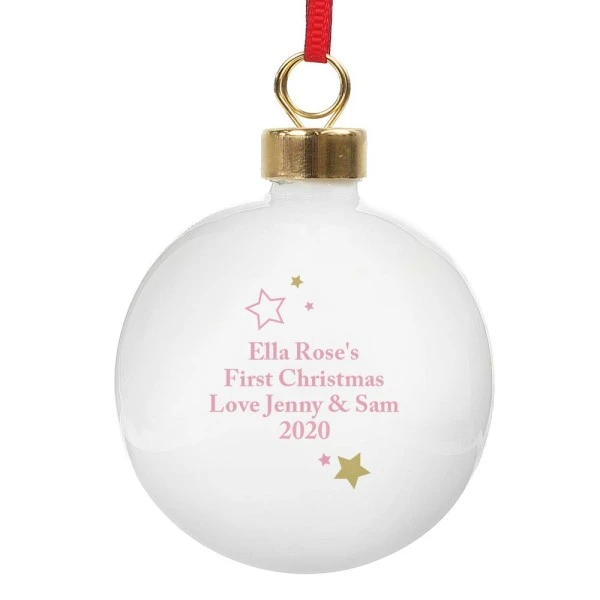 Personalised Gold & Pink Stars My 1st Christmas Bauble 3 Personalised Gold & Pink Stars My 1st Christmas Bauble - Image 3