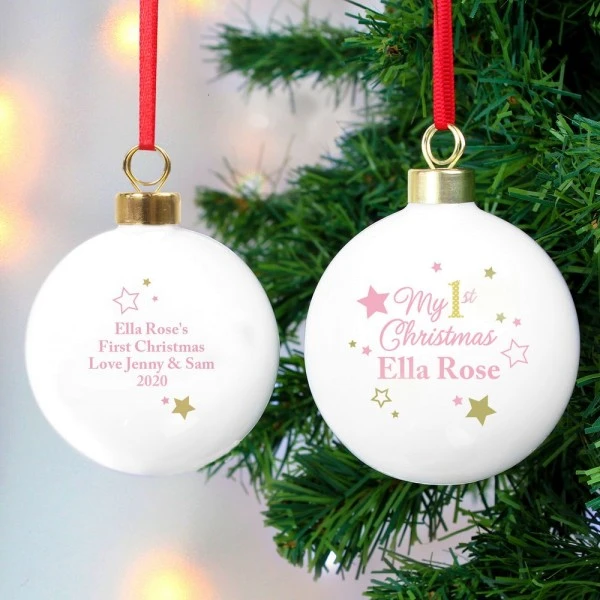 Personalised Gold & Pink Stars My 1st Christmas Bauble 5 Personalised Gold & Pink Stars My 1st Christmas Bauble - Image 5