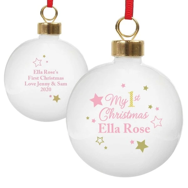 Personalised Gold & Pink Stars My 1st Christmas Bauble 6 Personalised Gold & Pink Stars My 1st Christmas Bauble - Image 6