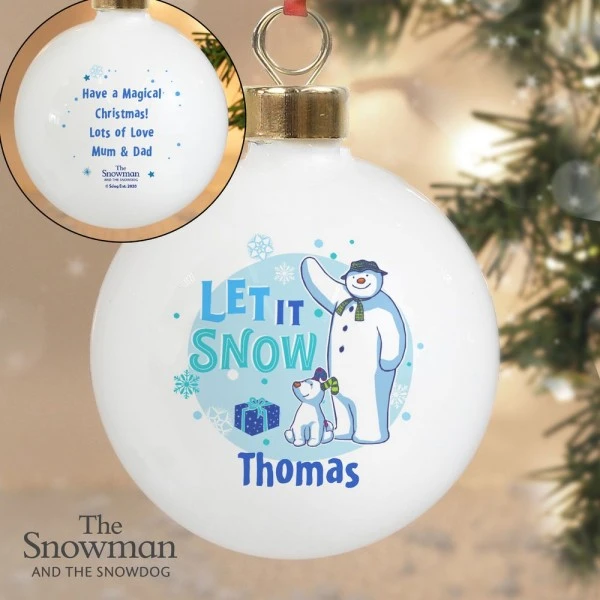 Personalised The Snowman And The Snowdog Blue Bauble 2 Personalised The Snowman And The Snowdog Blue Bauble - Image 2