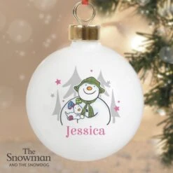 Personalised The Snowman And The Snowdog Pink Bauble