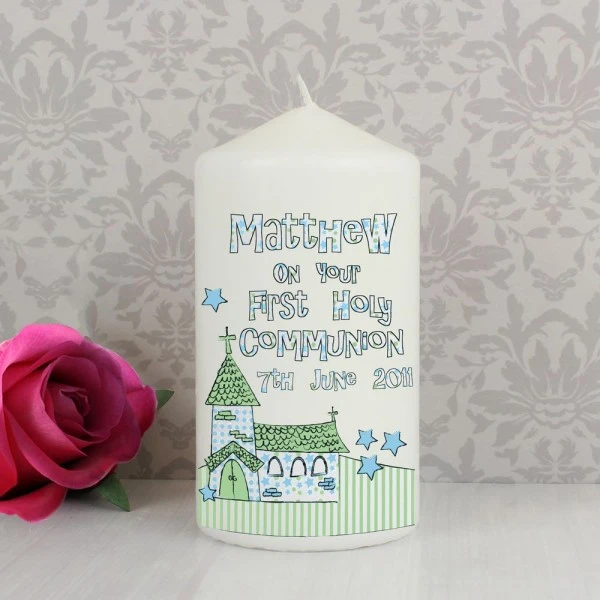 Personalised Whimsical Church Blue 1st Holy Communion Pillar Candle 1 Personalised Whimsical Church Blue 1st Holy Communion Pillar Candle