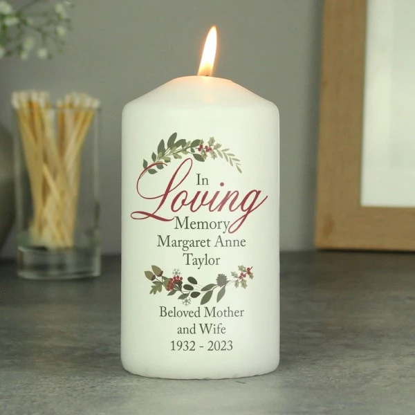 Personalised In Loving Memory Wreath Pillar Candle 3 Personalised In Loving Memory Wreath Pillar Candle - Image 3