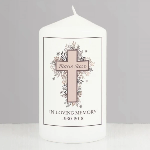 Personalised Floral Cross Pillar Candle 1 Personalised Floral Cross Pillar Candle