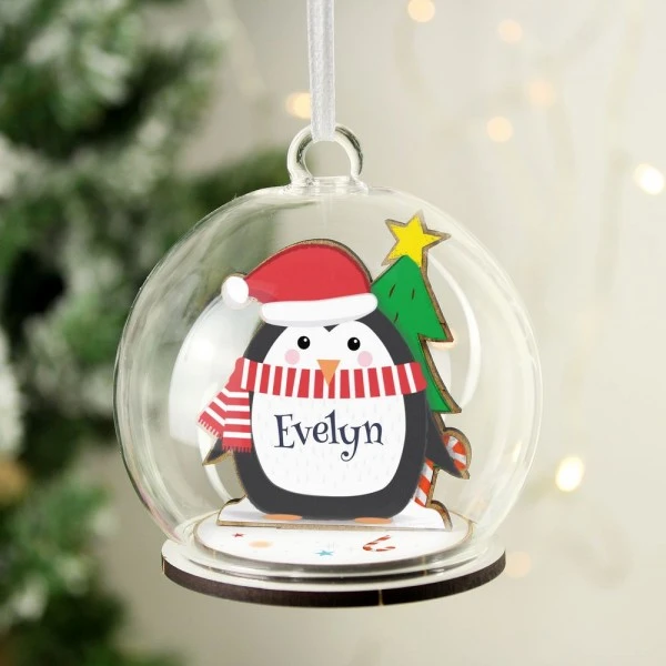 Personalised Wooden Penguin Glass Bauble 1 Personalised Wooden Penguin Glass Bauble