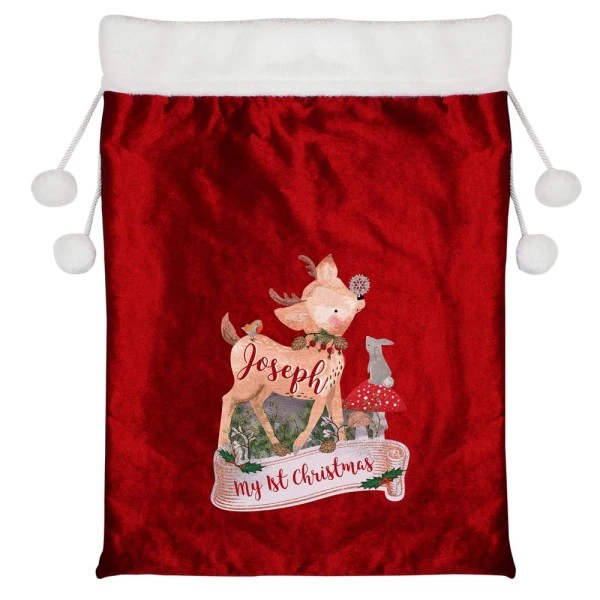 Personalised Festive Fawn Luxury Pom Pom Red Sack 2 Personalised Festive Fawn Luxury Pom Pom Red Sack - Image 2