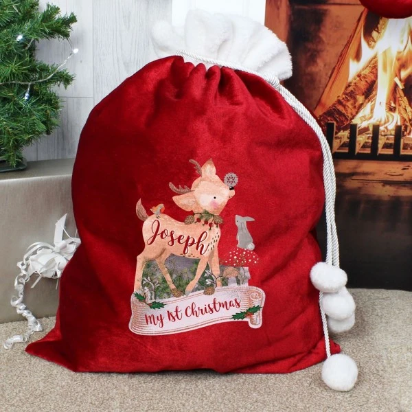 Personalised Festive Fawn Luxury Pom Pom Red Sack 3 Personalised Festive Fawn Luxury Pom Pom Red Sack - Image 3
