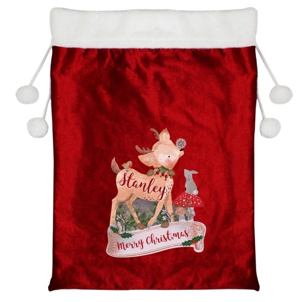 Personalised Festive Fawn Luxury Pom Pom Red Sack 4 Personalised Festive Fawn Luxury Pom Pom Red Sack - Image 4