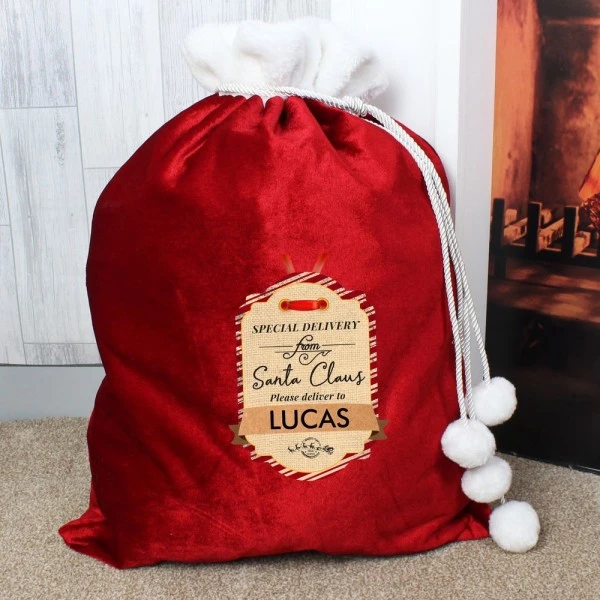 Personalised Special Delivery Luxury Pom Pom Red Sack 2 Personalised Special Delivery Luxury Pom Pom Red Sack - Image 2