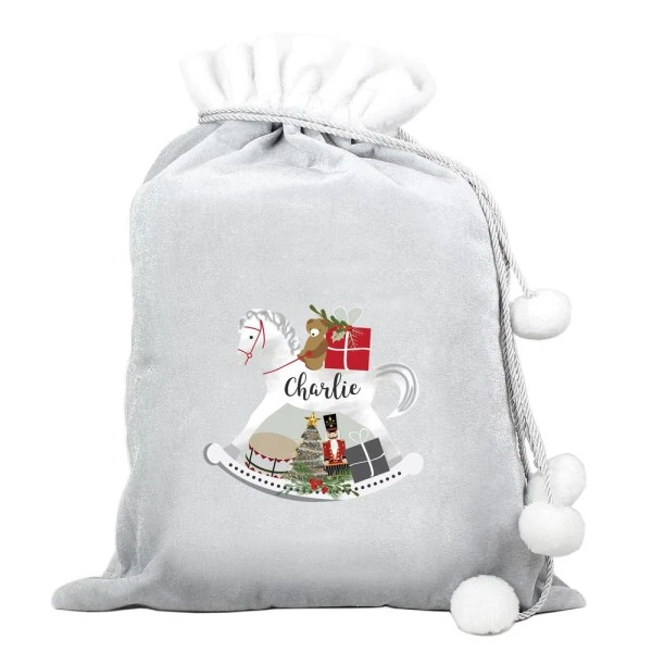 Personalised Rocking Horse Luxury Silver Grey Pom Pom Sack 2 Personalised Rocking Horse Luxury Silver Grey Pom Pom Sack - Image 2