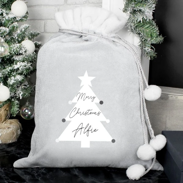 Personalised Christmas Tree Luxury Silver Grey Pom Pom Sack 1 Personalised Christmas Tree Luxury Silver Grey Pom Pom Sack