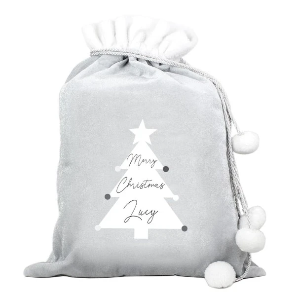 Personalised Christmas Tree Luxury Silver Grey Pom Pom Sack 2 Personalised Christmas Tree Luxury Silver Grey Pom Pom Sack - Image 2