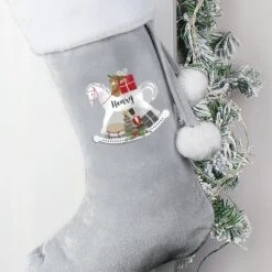 Personalised Rocking Horse Luxury Silver Grey Stocking -Xmas Decor Shop p0510h36 2