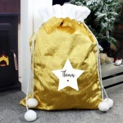 Personalised Star Luxury Pom Pom Gold Sack -Xmas Decor Shop p0510i60 3