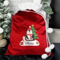 Personalised Christmas Penguin Luxury Pom Pom Red Sack -Xmas Decor Shop p0510i89 2