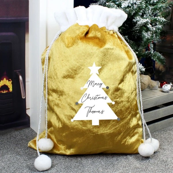 Personalised Christmas Tree Luxury Pom Pom Gold Sack 2 Personalised Christmas Tree Luxury Pom Pom Gold Sack - Image 2