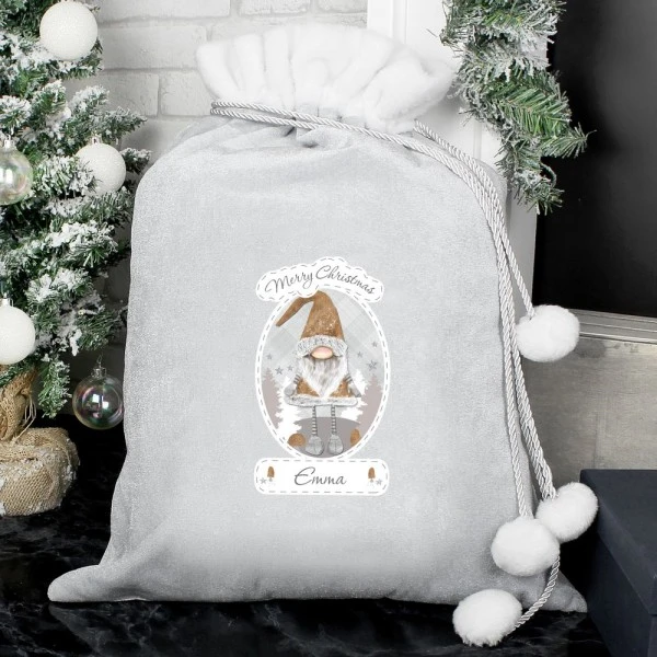 Personalised Christmas Gonk Luxury Silver Grey Pom Pom Sack 1 Personalised Christmas Gonk Luxury Silver Grey Pom Pom Sack