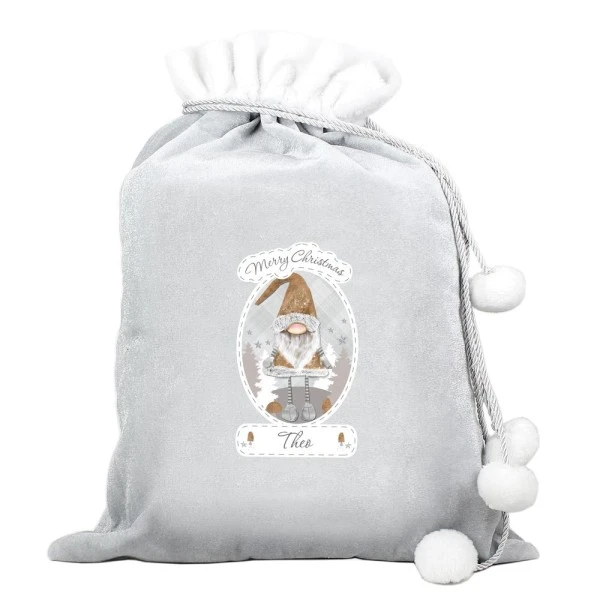 Personalised Christmas Gonk Luxury Silver Grey Pom Pom Sack 3 Personalised Christmas Gonk Luxury Silver Grey Pom Pom Sack - Image 3