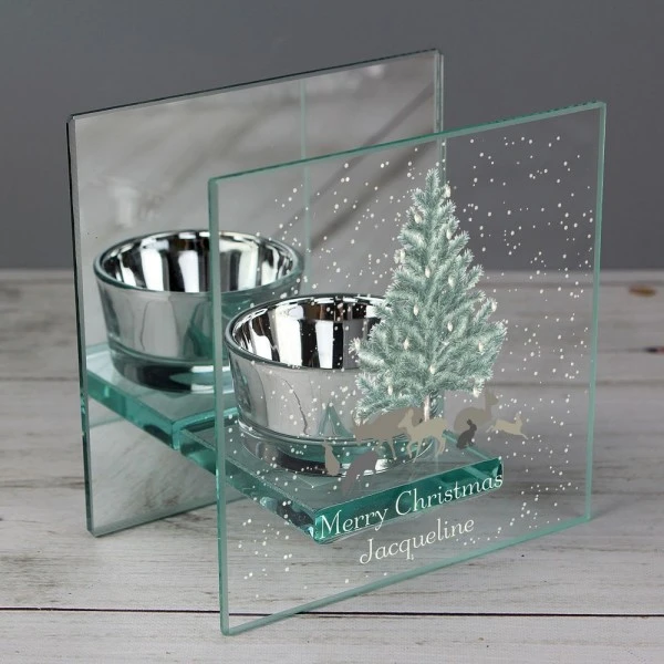 Personalised A Winter's Night Mirrored Glass Tea Light Candle Holder 1 Personalised A Winter's Night Mirrored Glass Tea Light Candle Holder