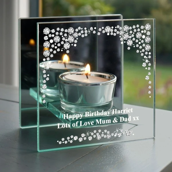 Personalised Diamante Mirrored Glass Tea Light Candle Holder 1 Personalised Diamante Mirrored Glass Tea Light Candle Holder