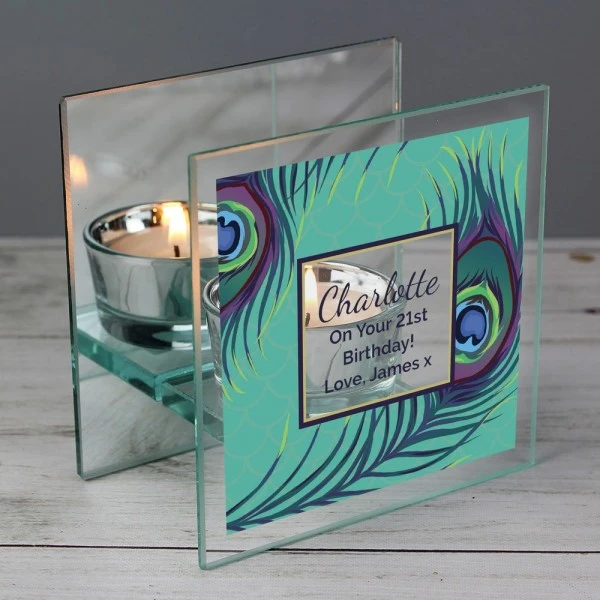 Personalised Peacock Mirrored Glass Tea Light Candle Holder 1 Personalised Peacock Mirrored Glass Tea Light Candle Holder