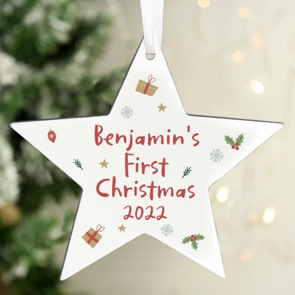 Personalised First Christmas Wooden Star Decoration 1 Personalised First Christmas Wooden Star Decoration