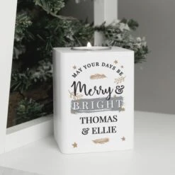Personalised Merry & Bright White Wooden Tea Light Holder -Xmas Decor Shop p1011f07 2
