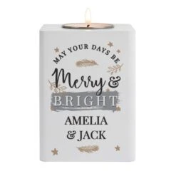 Personalised Merry & Bright White Wooden Tea Light Holder -Xmas Decor Shop p1011f07 3